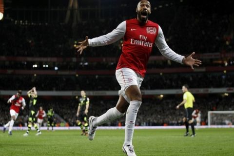 Arsenal's Thierry Henry celebrates his goal against Leeds United during their FA Cup soccer match at the Emirates Stadium in London, January 9, 2012. REUTERS/Eddie Keogh (BRITAIN - Tags: SPORT SOCCER TPX IMAGES OF THE DAY)