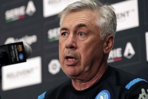 SSC Napoli head coach Carlo Ancelotti speaks during a news conference, Tuesday, Aug. 6, 2019, in Miami Gardens, Fla. SSC Napoli plays FC Barcelona in the LaLiga-Serie A Cup soccer match Wednesday at Hard Rock Stadium. (AP Photo/Lynne Sladky)