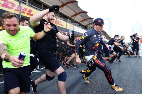 BAKU, AZERBAIJAN - JUNE 12: Race winner Max Verstappen of the Netherlands and Oracle Red Bull Racing celebrates with his team after the F1 Grand Prix of Azerbaijan at Baku City Circuit on June 12, 2022 in Baku, Azerbaijan. (Photo by Peter Fox/Getty Images)