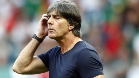 Germany head coach Joachim Loew reacts during the group F match between Germany and Mexico at the 2018 soccer World Cup in the Luzhniki Stadium in Moscow, Russia, Sunday, June 17, 2018. (AP Photo/Matthias Schrader)