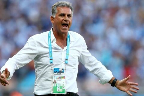 BELO HORIZONTE, BRAZIL - JUNE 21:  Head coach Carlos Queiroz of Iran gestures during the 2014 FIFA World Cup Brazil Group F match between Argentina and Iran at Estadio Mineirao on June 21, 2014 in Belo Horizonte, Brazil.  (Photo by Ryan Pierse - FIFA/FIFA via Getty Images)