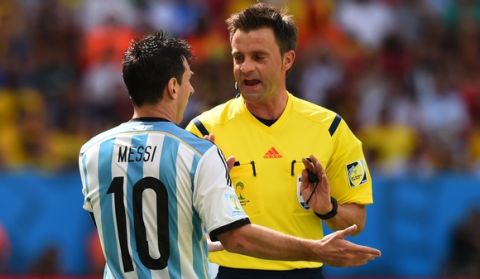 BRASILIA, DF - JULY 05:  Lionel Messi of Argentina protests to referee Nicola Rizzoli during the 2014 FIFA World Cup Brazil Quarter Final match between Argentina and Belgium at Estadio Nacional on July 5, 2014 in Brasilia, Brazil.  (Photo by Matthias Hangst/Getty Images)