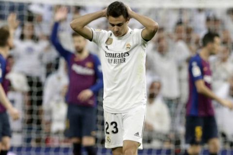 Real defender Sergio Reguilon reacts during the Spanish La Liga soccer match between Real Madrid and FC Barcelona at the Bernabeu stadium in Madrid, Saturday, March 2, 2019. (AP Photo/Andrea Comas)