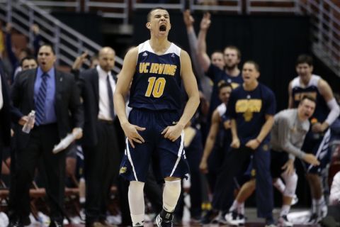 UC Irvine's Luke Nelson celebrates his three-point basket against UC Santa Barbara in the overtime of an NCAA college basketball game in the semifinals of the Big West Conference tournament, Friday, March 13, 2015, in Anaheim, Calif. UC Irvine won 72-63 in overtime. (AP Photo/Jae C. Hong)