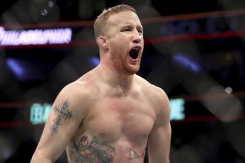 Justin Gaethje celebrates his win over Edson Barboza after their mixed martial arts bout at UFC Fight Night, Saturday, March 30, 2019, in Philadelphia. Gaethje won via first round TKO. (AP Photo/Gregory Payan)