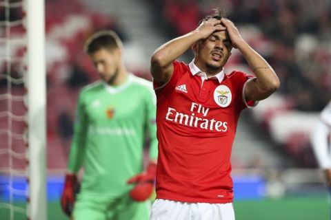 Benfica's Diogo Goncalves reacts during the Champions League group A soccer match between SL Benfica and FC Basel at the Luz stadium in Lisbon, Tuesday, Dec. 5, 2017. (AP Photo/Armando Franca)