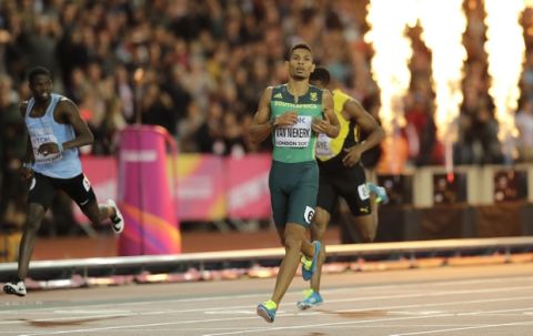 South Africa's Wayde Van Niekerk crosses the finish line wining the Men's 400 meters final at the World Athletics Championships in London Tuesday, Aug. 8, 2017.(AP Photo/Tim Ireland)