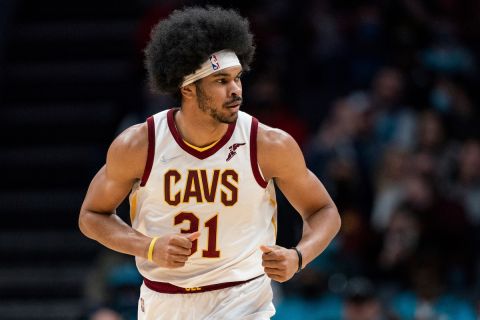 Cleveland Cavaliers center Jarrett Allen plays during the first half of an NBA basketball game against the Charlotte Hornets  in Charlotte, N.C., Friday, Feb. 4, 2022. (AP Photo/Jacob Kupferman)