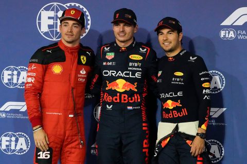 Grome the left , Ferrari driver Charles Leclerc of Monaco, third placed, Red Bull driver Max Verstappen of the Netherlands, pole position, and Red Bull driver Sergio Perez, of Mexico, second pose for a photo after the Formula One qualifying at the Bahrain International Circuit in Sakhir, Bahrain, Saturday, March 4, 2023. (AP Photo/Frank Augsten)