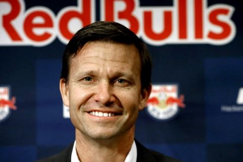 FILE - In this March 3, 2015, file phtoo, New York Red Bulls head coach Jesse Marsch poses for photographers during the team's media day in New York. Marsch has resigned as coach of Major League Soccer's New York Red Bulls and has been replaced by top assistant Chris Armas, a former U.S. national team defender.The Red Bulls made the announcement on Friday, July 6, 2018. (AP Photo/Kathy Willens, File)