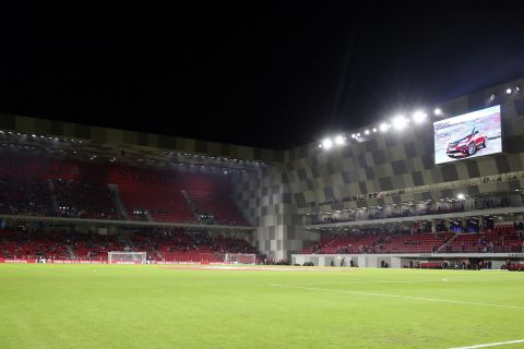 FILE - This Sunday, Nov. 17, 2019 file photo shows the new Arena Kombetare stadium before the Euro 2020 group H qualifying soccer match between Albania and France in Tirana. The new national soccer stadium in Albania was picked Thursday Dec. 3, 2020 to host the first final of a new European club competition. UEFA said the 22,500-seat Arena Kombetare in Tirana will stage the inaugural Europa Conference League final in May 2022. (AP Photo/Hektor Pustina, File)