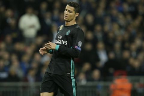 Real Madrid's Cristiano Ronaldo dejectes after missing a scoring chance during a Champions League Group H soccer match between Tottenham Hotspurs and Real Madrid at the Wembley stadium in London, Wednesday, Nov. 1, 2017. (AP Photo/Tim Ireland)