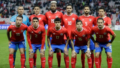 In this photo taken on Tuesday, March 27, 2018, the Costa Rica national soccer team poses before a friendly soccer match between Tunisia and Costa Rica at the Allianz Riviera stadium in Nice, southern France. (AP Photo/Claude Paris)