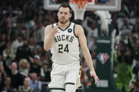 Milwaukee Bucks' Pat Connaughton during the first half of Game 4 of an NBA basketball Eastern Conference semifinals playoff series Monday, May 9, 2022, in Milwaukee. (AP Photo/Morry Gash)