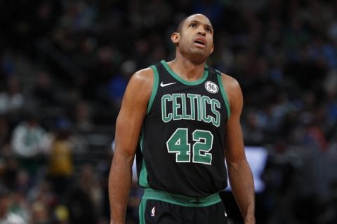 Boston Celtics forward Al Horford (42) in the first half of an NBA basketball game Monday, Jan. 29, 2018, in Denver. (AP Photo/David Zalubowski)