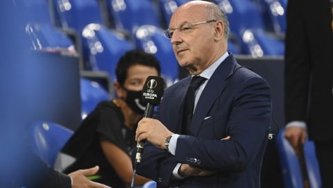 Giuseppe Marotta, CEO for sport at Inter speaks during an interview before the Europa League round of 16 soccer match between Inter Milan and Getafe at the Veltins-Arena in Gelsenkirchen, Germany, Wednesday, Aug. 5, 2020. (Ina Fassbender, Pool Photo via AP)