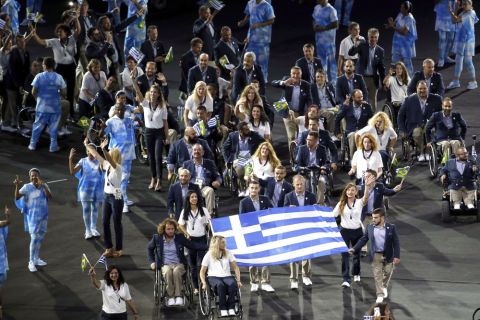 The delegation from Greece enters the stadium during the opening ceremony of the Rio Paralympic Games at Maracana Stadium in Rio de Janeiro, Brazil, Wednesday, Sept. 7, 2016. (AP Photo/Silvia Izquierdo)