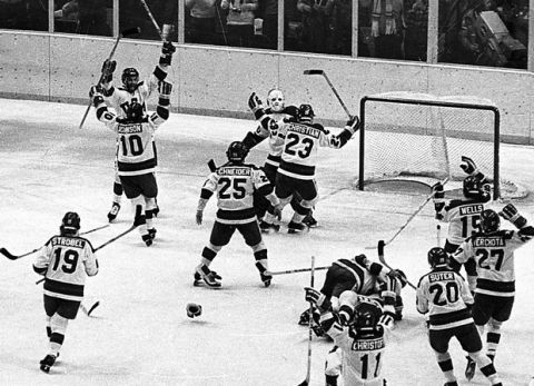 FILE - In this Feb. 22, 1980, file photo, The United States ice hockey team rushes toward goalie Jim Craig after their  4-3  upset win over the Soviet Union in the semi-final round of the XIII Winter Olympic Games in Lake Placid, N.Y. Its been more than three decades since his landmark goal became the centerpiece of the U.S. Olympic hockey teams Miracle on Ice. For 60-year-old Mike Eruzione, it still seems like only yesterday. (AP Photo/File)