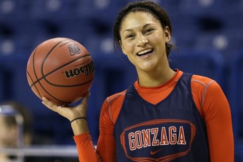 Gonzaga's Jazmine Redmon smiles during a break in practice for a first-round game in the women's NCAA college basketball tournament in Spokane, Wash., Friday, March 22, 2013. Gonzaga will play Iowa State on Saturday. (AP Photo/Elaine Thompson)