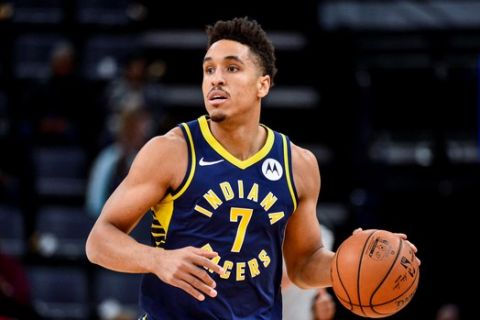 Indiana Pacers guard Malcolm Brogdon (7) plays in the first half of an NBA basketball game against the Memphis Grizzlies Monday, Dec. 2, 2019, in Memphis, Tenn. (AP Photo/Brandon Dill)