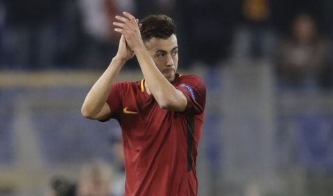 Roma's Stephan El Shaarawy applauded supporters as he leaves the field of play during the Champions League group C soccer match between Roma and Chelsea, at the Olympic stadium in Rome, Tuesday, Oct. 31, 2017. (AP Photo/Alessandra Tarantino)