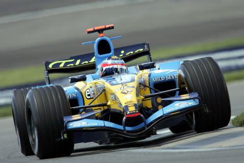 Fernando Alonso of Spain, the current leader in world championship points, drives his Renault during practice at Indianapolis Motor Speedway, Friday, June 17, 2005  in advance of Sunday's F1 United States Grand Prix. (AP Photo/Michael Conroy)