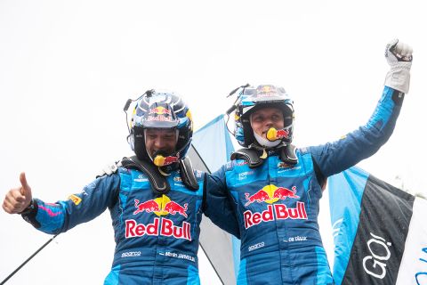 Ott Tänak (EST) and Martin Järveoja (EST) of team M-SPORT FORD WORLD RALLY TEAM  celebrate on the podium in first place after winning the World Rally Championship in Conception, Chile on October 01, 2023 // Jaanus Ree / Red Bull Content Pool // SI202310010370 // Usage for editorial use only //