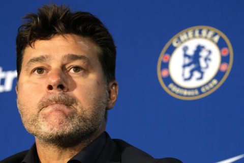 Newly appointed Chelsea manager Mauricio Pochettino addresses the media during a press conference at Stamford Bridge Stadium in London, Friday, July 7, 2023.After a year of chaos in Todd Boehlys first full season as owner, can the arrival of Mauricio Pochettino and the severe trimming of the squad restore enough order at a club used to winning trophies? (AP Photo/Kirsty Wigglesworth)