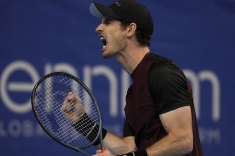 Andy Murray of Britain reacts after scoring a point against Stan Wawrinka of Switzerland during the European Open final tennis match in Antwerp, Belgium, Sunday, Oct. 20, 2019. (AP Photo/Francisco Seco)