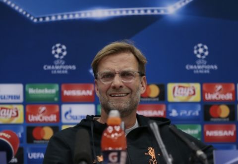 Liverpool's manager Jurgen Klopp answers questions during a news conference ahead of the Champions League soccer match between Spartak Moscow and Liverpool in Moscow, Russia, on Monday, Sept. 25, 2017. (AP Photo/Ivan Sekretarev)