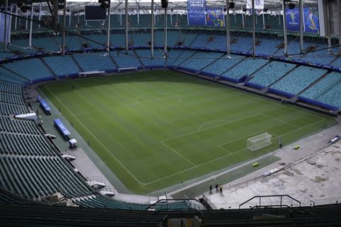Arena Fonte Nova is prepared for the Copa America soccer tournament in Salvador, Brazil, Thursday, June 13, 2019. On Saturday, June 15, Argentina will face Colombia at this stadium for the first Group B match of the South American tournament. (AP Photo/Eraldo Peres)