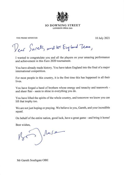 Το γράμμα του Μπόρις Τζόνσον στον Γκάρεθ Σάουθγκεϊτ και στους παίκτες της Αγγλίας πριν τον τελικό του Euro 2020