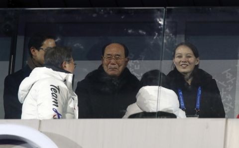 Kim Yong Nam, the 90-year-old president of the Presidium of the North's Parliament, center, and Kim Jong Un's sister Kim Yo Jong greet South Korean President Moon Jae-in and first lady Kim Jung-sook when the combined team came in during the opening ceremony of the 2018 Winter Olympics in Pyeongchang, South Korea, Friday, Feb. 9, 2018. (AP Photo/Jae C. Hong)
