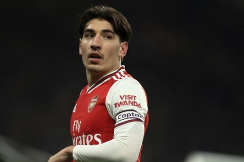 Arsenal's Hector Bellerin is seen during the English Premier League soccer match between Chelsea and Arsenal at Stamford Bridge stadium in London England, Tuesday, Jan. 21, 2020. (AP Photo/Leila Coker)