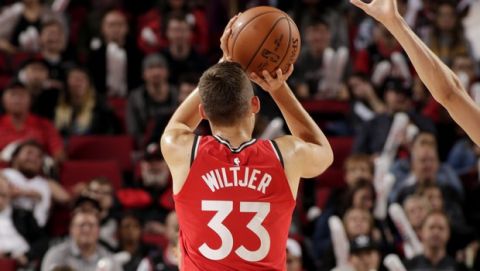 PORTLAND, OR - OCTOBER 5: Kyle Wiltjer #33 of the Toronto Raptors shoots the ball during the preseason game against the Portland Trail Blazers on October 5, 2017 at the Moda Center in Portland, Oregon. NOTE TO USER: User expressly acknowledges and agrees that, by downloading and or using this Photograph, user is consenting to the terms and conditions of the Getty Images License Agreement. Mandatory Copyright Notice: Copyright 2017 NBAE (Photo by Cameron Browne/NBAE via Getty Images)