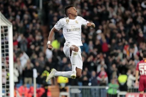 Real Madrid's Rodrygo celebrates after scoring his side's second goal during a Champions League group A soccer match between Real Madrid and Galatasaray at the Santiago Bernabeu stadium in Madrid, Wednesday, Nov. 6, 2019. (AP Photo/Bernat Armangue)