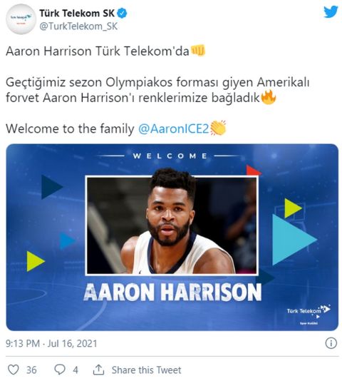 Το ποστάρισμα της Τουρκ Τέλεκομ για την απόκτηση του Άαρον Χάρισον