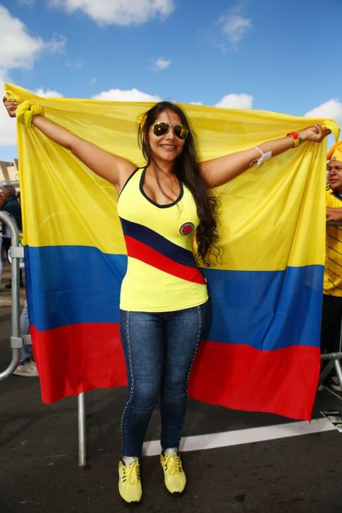 BELO HORIZONTE, BRAZIL - JUNE 14:  A Colombia fan holds a flag prior to the 2014 FIFA World Cup Brazil Group C match between Colombia and Greece at Estadio Mineirao on June 14, 2014 in Belo Horizonte, Brazil.  (Photo by Ian Walton/Getty Images)