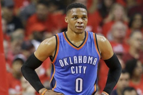 Oklahoma City Thunder guard Russell Westbrook pauses during the first half in Game 2 of the team's NBA basketball first-round playoff series against the Houston Rockets, Wednesday, April 19, 2017, in Houston. (AP Photo/Eric Christian Smith)