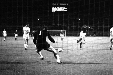 Pietro Anastasi, second right, shoots the ball past Yugoslavias goalkeeper Dragan Pantelic, No. 1, to score Italys second goal in the final of the European Nations Cup soccer tournament in the Olympic Stadium, in Rome, on June 10, 1968. Italy won the final 2-0 after playing extra time following a goalless first 90 minutes. (AP Photo)