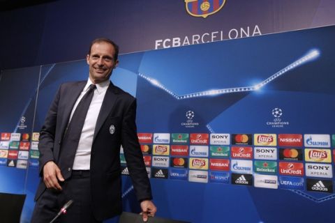 Juventus coach Massimiliano Allegri arrives for a press conference at the Camp Nou stadium in Barcelona, Spain, Tuesday, April 18, 2017.  FC Barcelona will play against Juventus in a Champions League quarterfinal, second-leg soccer match on Wednesday. (AP Photo/Manu Fernandez)