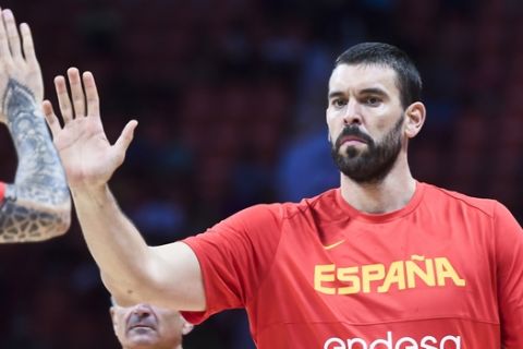 Spain's Marc Gasol prepares for a group C match against Tunisia in the FIBA Basketball World Cup held in Guangzhou in southern China's Guangdong province on Saturday, Aug. 31, 2019. Spain won over Tusinia 101-62. (AP Photo)