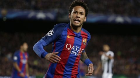 Barcelona's Neymar shouts during the Champions League quarterfinal second leg soccer match between Barcelona and Juventus at Camp Nou stadium in Barcelona, Spain, Wednesday, April 19, 2017. (AP Photo/Emilio Morenatti)