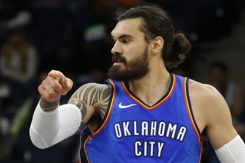 Oklahoma City Thunder's Steven Adams of New Zealand plays against the Minnesota Timberwolves in the first half of an NBA preseason basketball game Friday, Oct. 5, 2018, in Minneapolis. (AP Photo/Jim Mone)