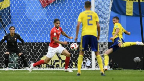 Sweden's Marcus Berg, right, shoots on goal during the round of 16 match between Switzerland and Sweden at the 2018 soccer World Cup in the St. Petersburg Stadium, in St. Petersburg, Russia, Tuesday, July 3, 2018. (AP Photo/Martin Meissner)