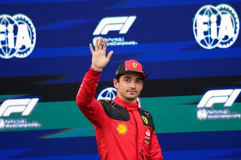 Ferrari driver Charles Leclerc of Monaco waves after he clocked the second fastest time in the qualifying session ahead of Sunday's Formula One Austrian Grand Prix auto race, at the Red Bull Ring racetrack, in Spielberg, Austria, Friday, June 30, 2023. (AP Photo/Darko Bandic, Pool)