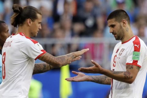 Serbia's Aleksandar Mitrovic is replaced by Aleksandar Prijovic during the group E match between Costa Rica and Serbia at the 2018 soccer World Cup in the Samara Arena in Samara, Russia, Sunday, June 17, 2018. (AP Photo/Mark Baker)