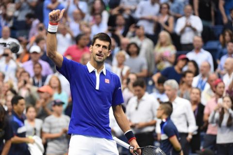 September 11, 2015 - Novak Djokovic reacts after defeating Marin Cilic (not pictured) in a men's singles semifinals match during the 2015 US Open at the USTA Billie Jean King National Tennis Center in Flushing, NY. (USTA/Garrett Ellwood)