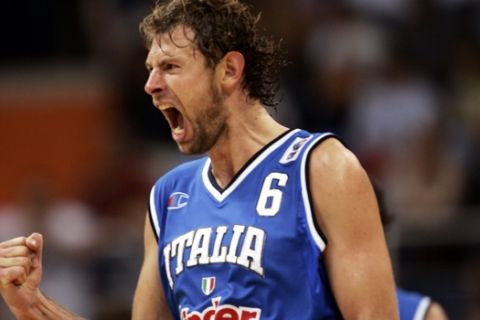 Italy's Giacomo Galanda celebrates during a qualifying round European Basketball Championship match against Germany in Vrsac, Serbia and Montenegro, Friday, Sept. 16, 2005.  Italy won 84-82 in overtime. (AP Photo/Dusan Vranic)
