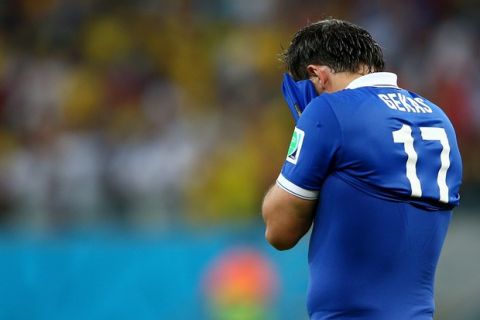 RECIFE, BRAZIL - JUNE 29: Theofanis Gekas of Greece looks dejected after being defeated by Costa Rica in a penalty shootout during the 2014 FIFA World Cup Brazil Round of 16 match between Costa Rica and Greece at Arena Pernambuco on June 29, 2014 in Recife, Brazil.  (Photo by Paul Gilham/Getty Images)